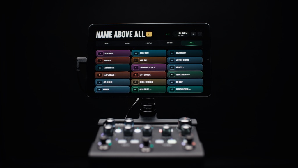 Samsung Galaxy Tab A 8.4-inch compact display running StageHUD mounted above Kemper Player