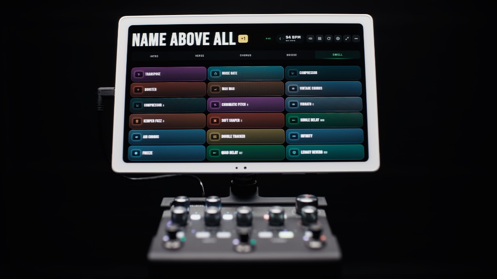 Samsung Galaxy Tab A7 10.4-inch display running StageHUD mounted above Kemper Player